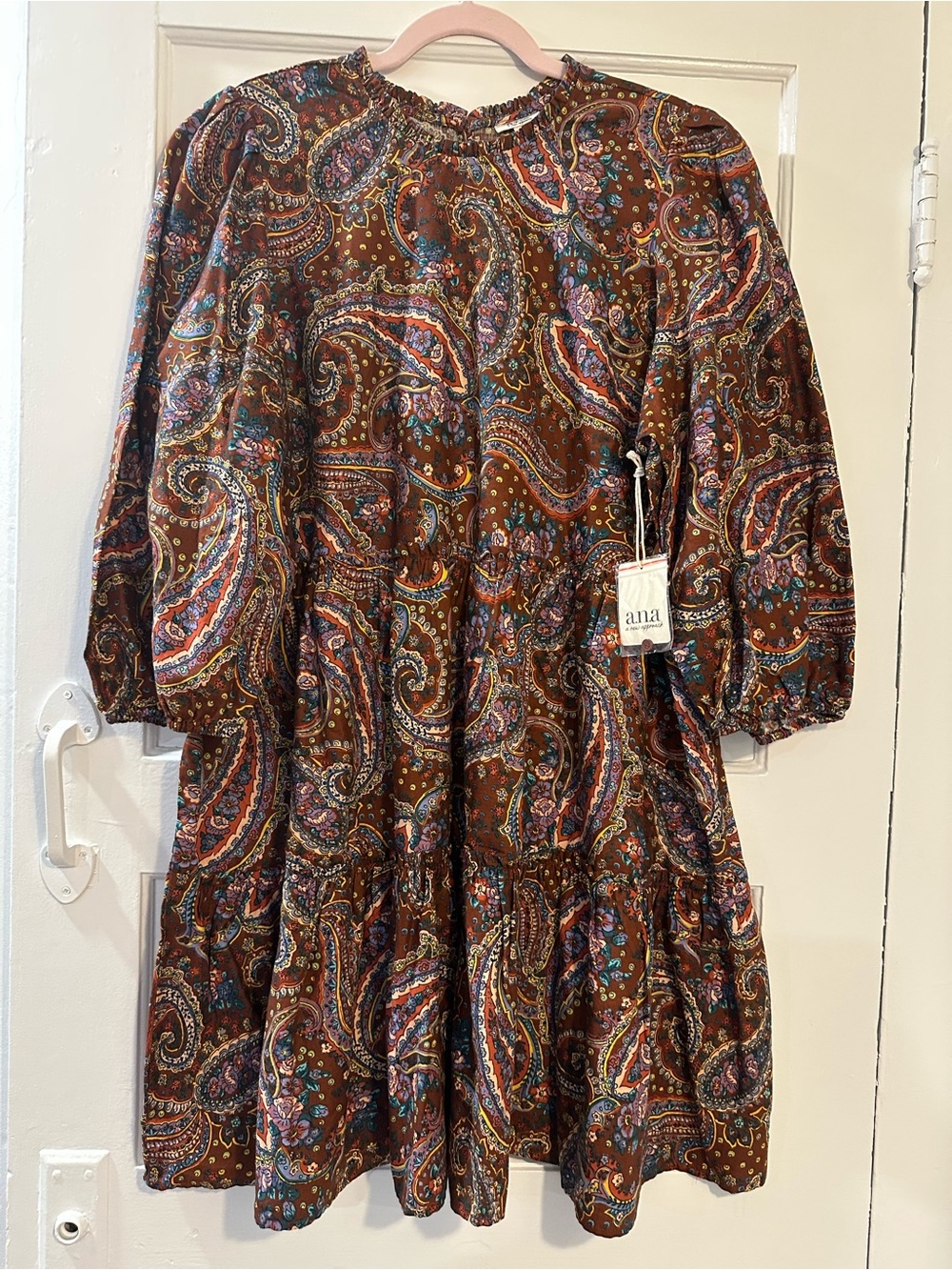 a.n.a Brown Paisley Peplum Style Long-Sleeve Dress Sz XL